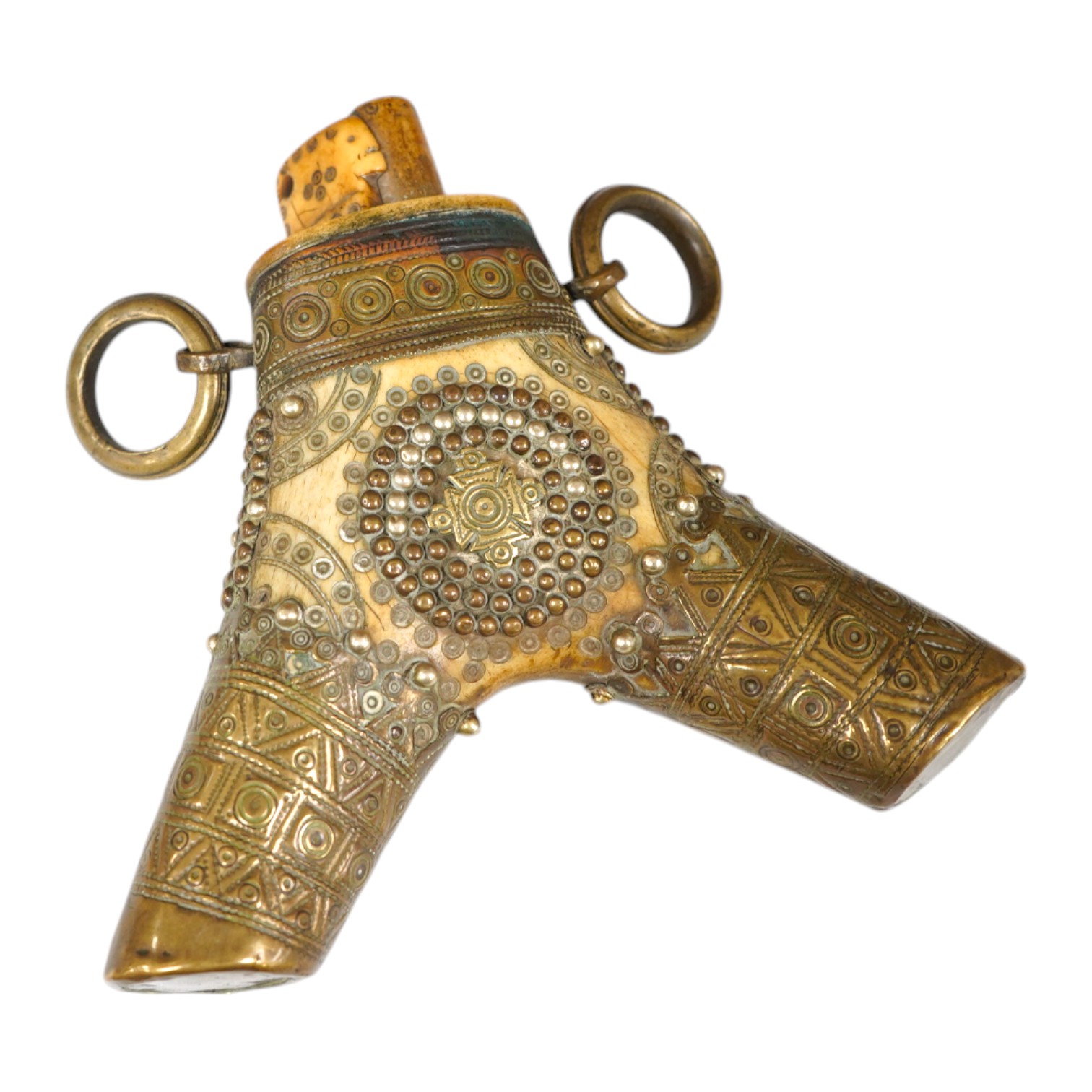 A Transylvanian brass mounted bone powder flask, 17cm high. Condition - fair to good